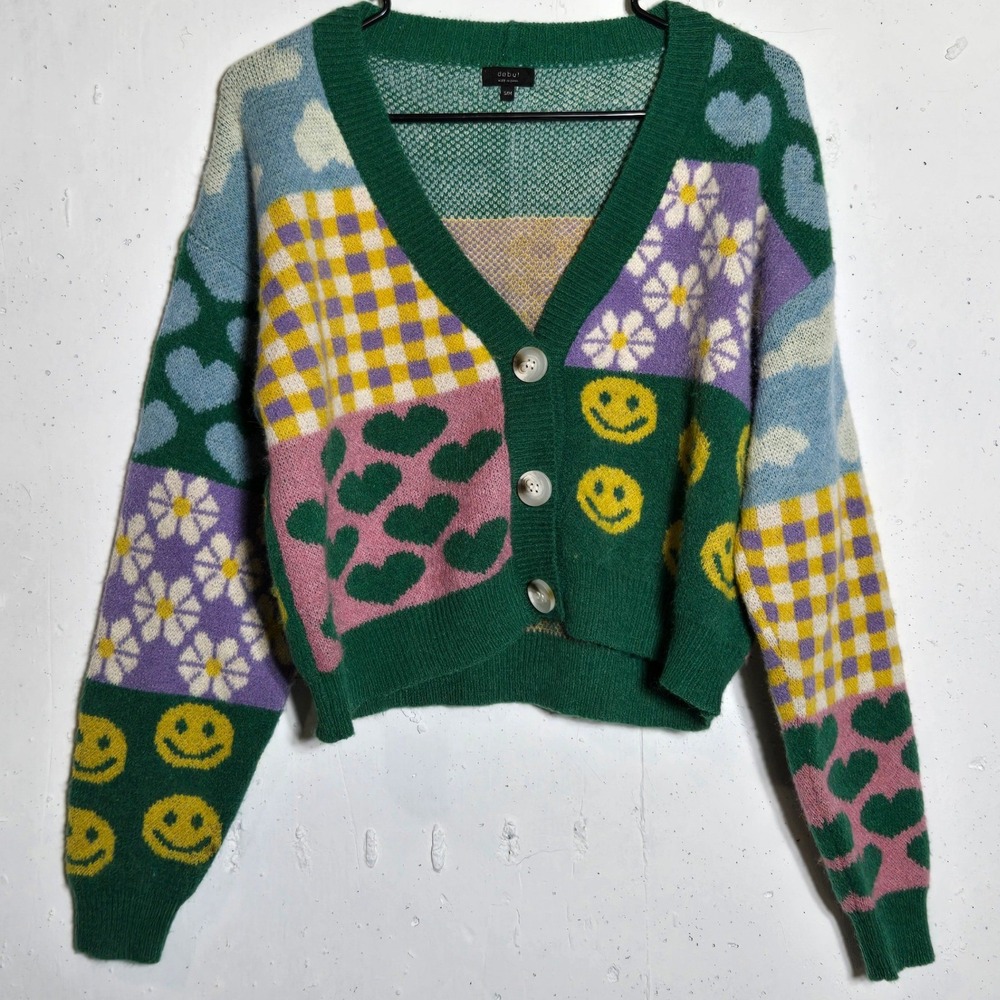 Debut Patchwork Cardigan Sweater S/M Smiley Face Floral Heart Retro Hippie Y2K